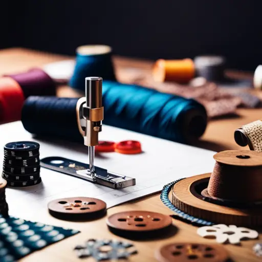 An image of a designer's work table with a variety of intricate pattern pieces, measuring tapes, and sewing tools