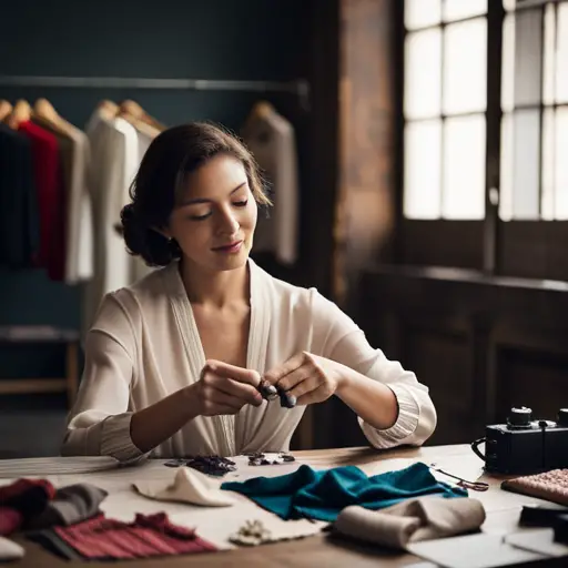 An image of a costume designer at work, carefully selecting fabrics and accessories, while also considering the functionality and comfort of the costume