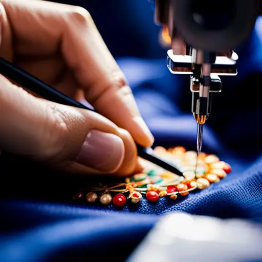 An image of a hand stitching intricate details onto a costume, using a variety of basic embroidery techniques such as satin stitch, back stitch, and French knots