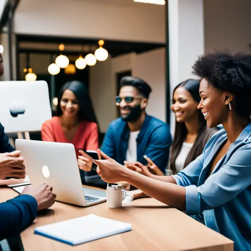 An image of a group of influencers and bloggers sitting around a table, discussing and brainstorming ideas