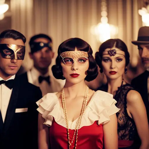 An image of a group of people dressed in 1920s flapper attire, pirate costumes, superhero suits, and masquerade masks, all attending a themed party