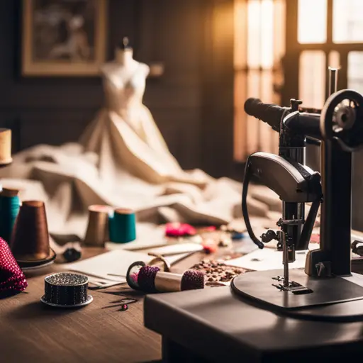 An image of a craft table scattered with fabric, sequins, feathers, and other materials, alongside a sewing machine and various costume sketches