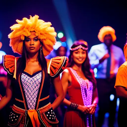 An image of a group of people wearing glow-in-the-dark costumes, dancing and celebrating at a night event