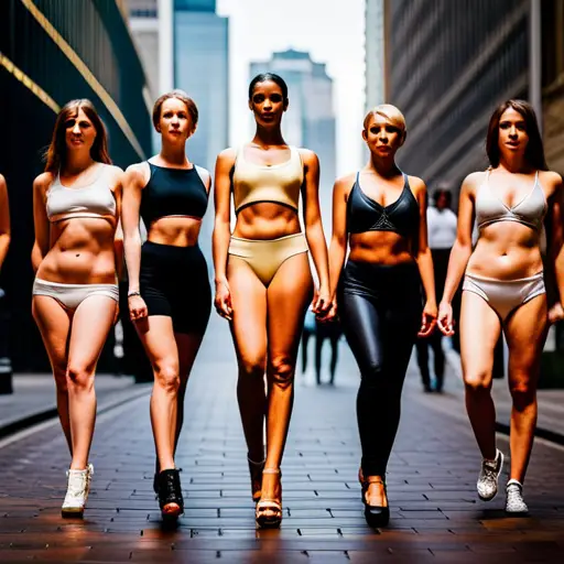 E a diverse group of mannequins with various body types (curvy, athletic, petite, tall) wearing custom-made costumes