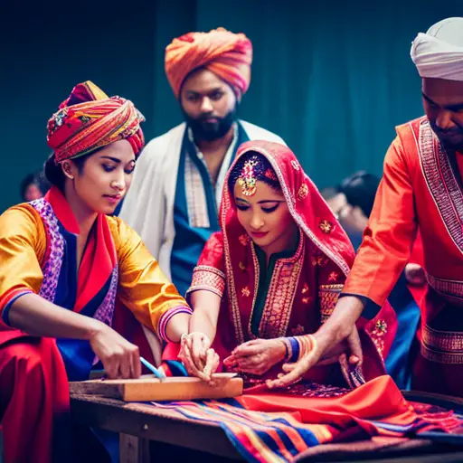 an image of a group of people working together to create vibrant and intricate cultural costumes for a festival