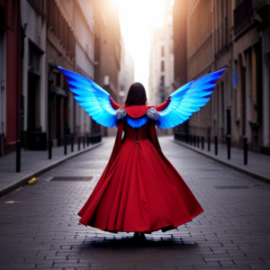 a costume with a flowing cape that billows behind the wearer as they move, intricate gears and pulleys that allow wings to expand and retract, and LED lights that pulse and change color in response to motion