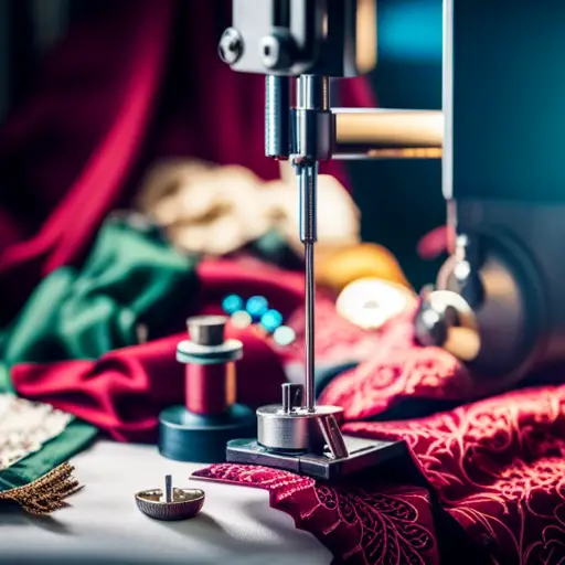 a vibrant image of a seamstress meticulously stitching elaborate Victorian-era dresses on a vintage sewing machine, surrounded by bolts of richly colored fabrics and intricate lace trimmings