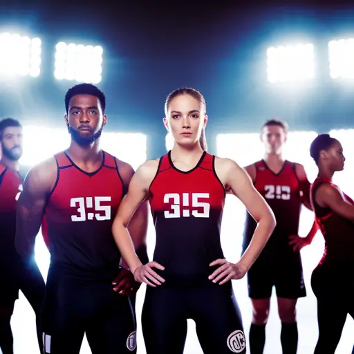 An image of a group of athletes wearing matching uniforms, standing together in a dynamic and confident pose, with the team logo prominently displayed