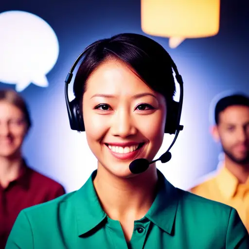 An image of a customer service representative smiling and engaging with a customer, while surrounded by positive review icons and feedback bubbles