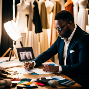 An image of a costume designer in a brightly lit studio, surrounded by fabric swatches, sketches, and mannequins