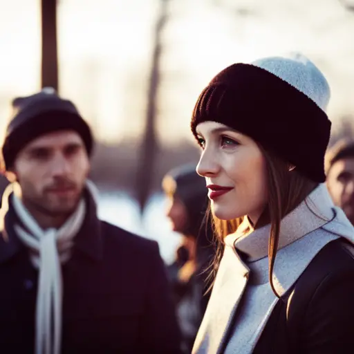 An image of a group of people outdoors in a snowy setting, wearing stylish and warm winter costumes