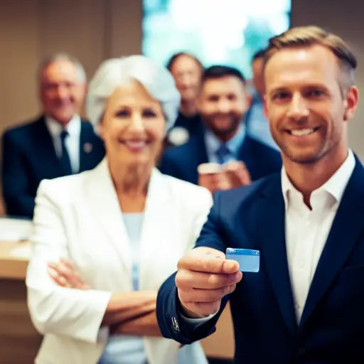 An image of a smiling customer receiving a loyalty card from a store employee, with a line of satisfied customers behind them