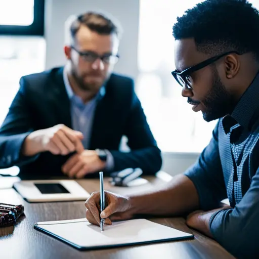 An image of a customer and a designer discussing a custom order, with the designer taking notes and the customer pointing to a specific design element