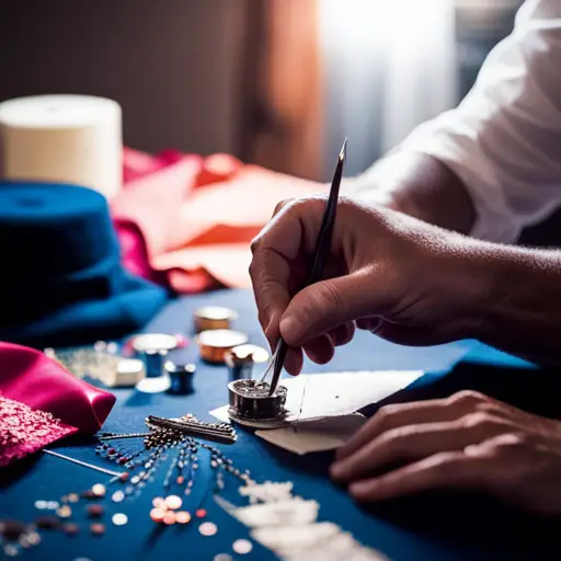 An image of a costume designer meticulously crafting a corset, surrounded by an array of fabric, lace, and intricate sewing tools, evoking a sense of precision and artistry