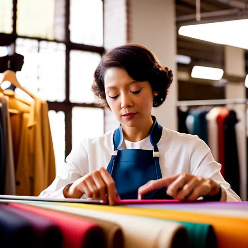 An image of a person browsing through colorful bolts of fabric in a well-lit and organized fabric store, carefully examining textures and patterns for costume materials