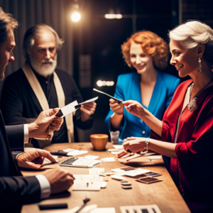 An image of a group of costume makers at a networking event, exchanging business cards and discussing their work