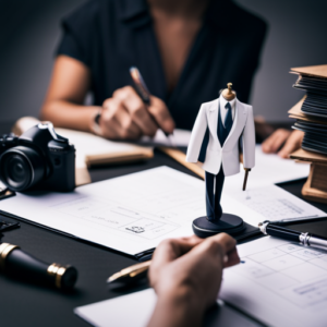 An image of a designer sketching a detailed costume design, surrounded by legal documents and a lock symbolizing protection of intellectual property