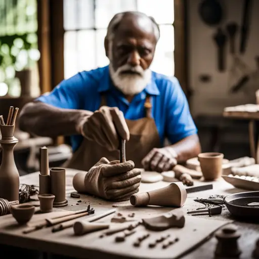 An image of a sculptor's hands molding and shaping clay into intricate costume pieces, with various tools and materials scattered around the workspace