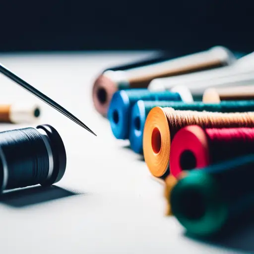 An image of a variety of threads in different colors and textures, next to a selection of different needles in various sizes and styles, arranged neatly on a clean white surface