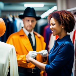 An image of a customer trying on a Halloween costume, while a sales associate suggests accessories and other related costumes