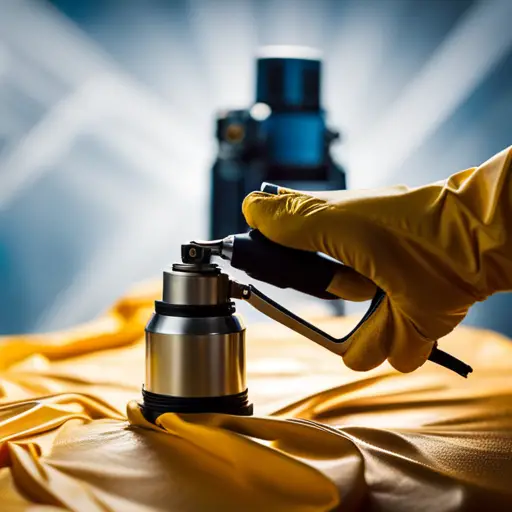 An image of a costume being sprayed with a waterproofing solution, with close-up details of the fabric and seams being sealed with waterproof tape and a protective spray coating being applied