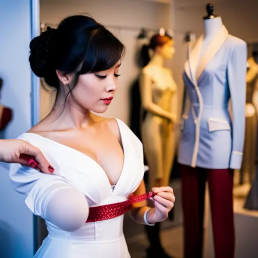 An image of a seamstress using a measuring tape to take precise measurements of a model's body