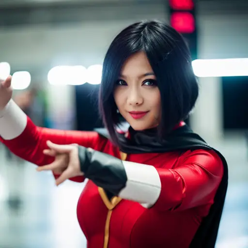 a photo of a cosplayer in full costume, posing in a well-lit space with clear focus and depth of field