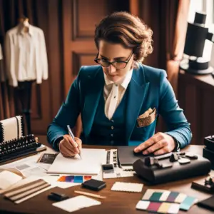 An image of a costume designer writing a press release at a desk with a computer, surrounded by sketches, fabric swatches, and sample costumes