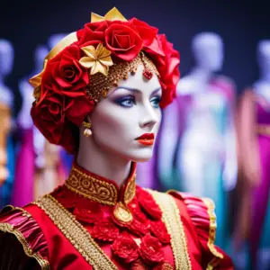 An image of a colorful, intricately designed costume with a detailed product description overlay