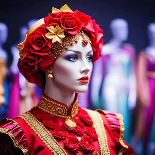 An image of a colorful, intricately designed costume with a detailed product description overlay